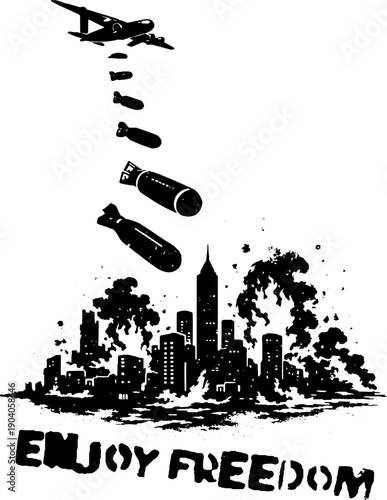Enjoy Freedom War Concept Illustration Bombs Falling from Plane Black White Anti War Engraving Style Art for Posters CNC Dark Surface