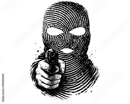 Fingerprint Mask Gunman Illustration Black White Crime Concept Engraving Style Anonymous Criminal Identity Design for Posters Tattoos CNC