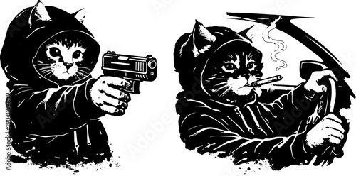 Armed Street Cat Gang Illustration Black White Urban Rebel Animal Art Gun Cat Hooded Character Design for Posters T Shirts Stickers