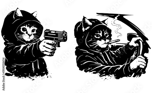 Armed Street Cat Gang Illustration Black White Urban Rebel Animal Art Gun Cat Hooded Character Design for Posters T Shirts Stickers