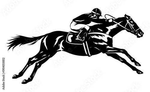 Horse Racing Jockey Illustration Black White Galloping Thoroughbred Speed Motion Sport Engraving Style Design for Posters CNC