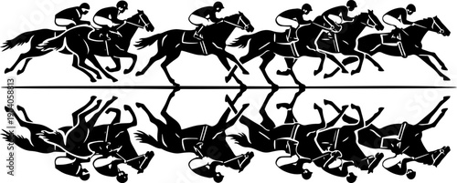 Horse Racing Reflection Illustration Black White Jockeys Galloping Mirror Composition Dynamic Sport Engraving Style Art
