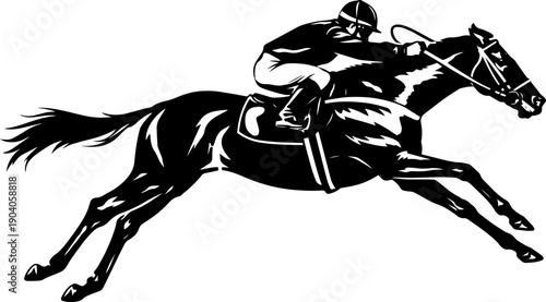 Horse Racing Jockey Illustration Black White Galloping Thoroughbred Speed Motion Sport Engraving Style Design for Posters CNC