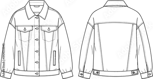 Black and White Vector Illustration of a Denim Jacket Technical Flat Sketch Showing Front and Back Views for Fashion Design Apparel Manufacturing and Clothing Templates