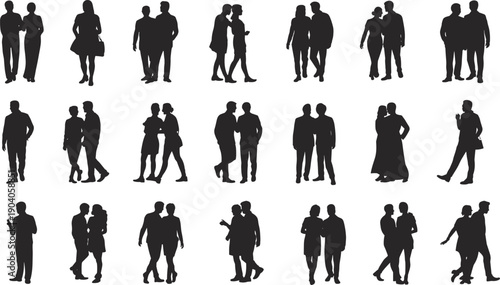Couple silhouette vector set, people relationship icons collection, man and woman poses illustration, romantic design elements, walking couple clipart, love vector art