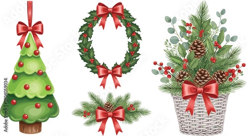 Christmas decoration set with pine wreath tree and floral basket with red bows for winter holiday seasonal branding