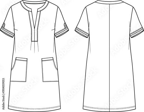Black and White Vector Illustration of a Women Short Sleeve Tunic Dress Technical Flat Sketch Showing Front and Back Views for Fashion Design Apparel Manufacturing