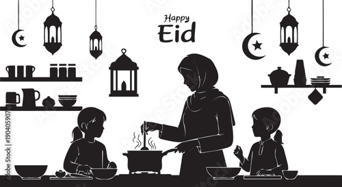 Happy Eid kitchen scene mother and children preparing food, Islamic lanterns and crescent moon decorations