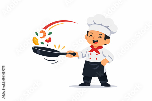 Cartoon chef with mustache cooking seafood and vegetables in a frying pan