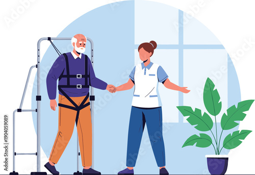 Female therapist assisting senior man with harness and walker for geriatric gait training and mobility rehabilitation clinical vector