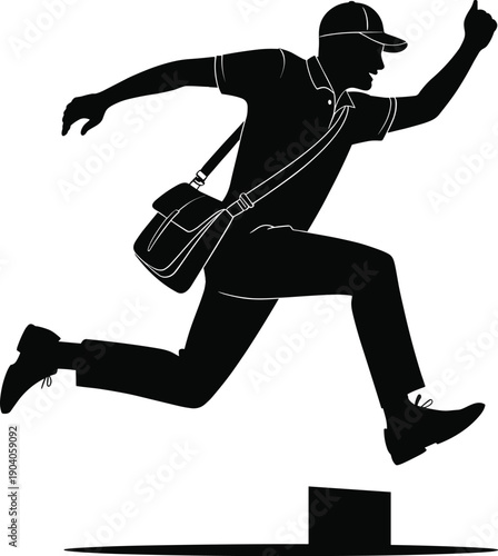 Courier running silhouette vector illustration, fast delivery concept, express mail service design, delivery man jumping with bag, logistics and transportation artwork