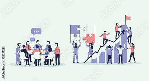 Illustration of diverse business team members collaborating and working together to achieve goals with puzzle pieces and a rising graph in a flat design style with a professional mood.