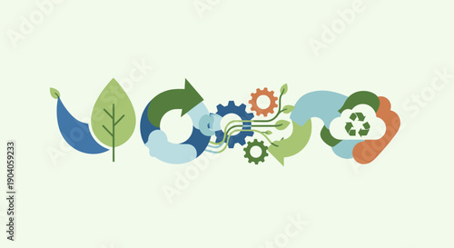 A stylized flat lay graphic illustrating eco-friendly concepts and sustainable practices with recycling symbols, gears, and leaves on a light green background.