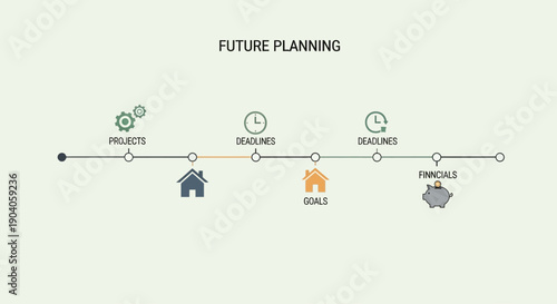 Infographic illustrating a business timeline for future planning with icons and goals on a light green background.