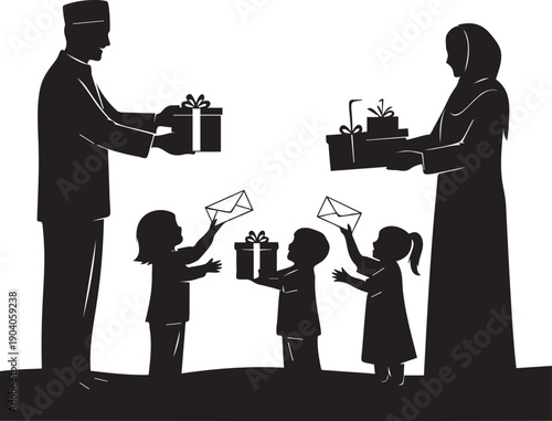 Muslim family exchanging gifts during eid al-adha, parents giving presents to children, traditional islamic celebration