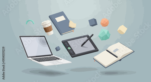 A floating collection of office and creative tools including a laptop, notebook, tablet, and coffee cup against a soft gray background with a minimalist lifestyle composition.