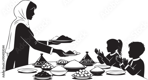 Muslim mother serving traditional iftar meal to two children, family preparing to break fast during ramadan