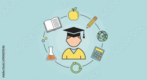 Flat design illustration of a student wearing a graduation cap surrounded by education icons on a light blue background, conveying a learning and academic mood.