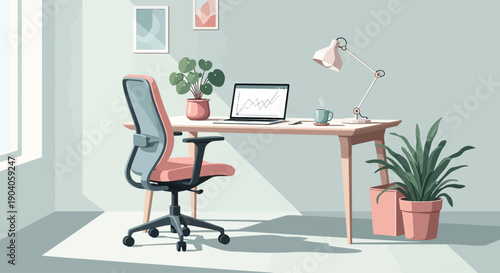 A modern home office with a wooden desk, ergonomic chair, and potted plants, showcasing a lifestyle of productivity and comfort in a soft, calming color scheme.