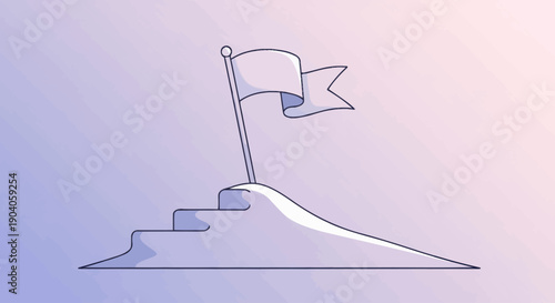 Minimalist line drawing of a flag on a hill with steps, set against a soft purple and pink gradient background, symbolizing business success.