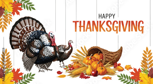 Happy Thanksgiving harvest illustration with turkeys cornucopia pumpkins and autumn leaves for festive seasonal holiday greeting card