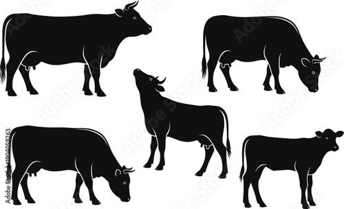 Cow silhouette vector set, black cattle illustration, dairy livestock collection, farm animal artwork, agriculture graphic design, rural domestic cow shapes, grazing animal icons