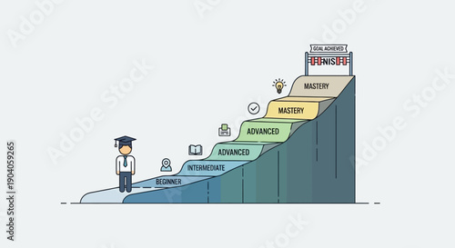 Illustration of a businessman standing on a low step, looking up at a steep staircase with labeled steps, on a plain white background, conveying a sense of challenge and progression in