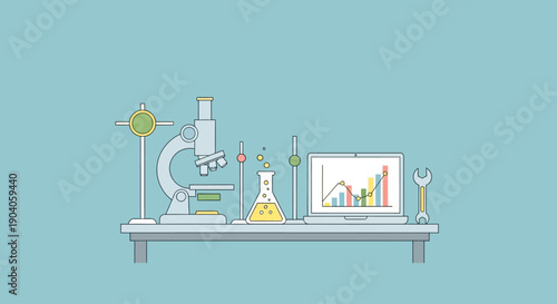 Scientific research and data analysis with microscope and laboratory equipment.