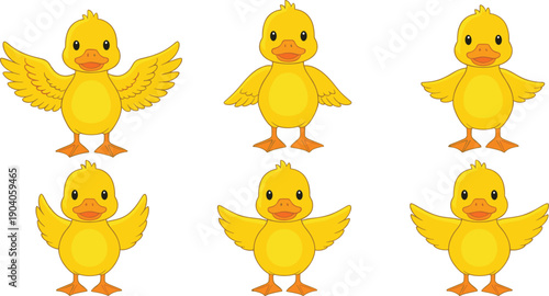 Collection of cute yellow duckling characters with orange beaks and feet in various standing and wing-spreading poses in a flat cartoon vector style.