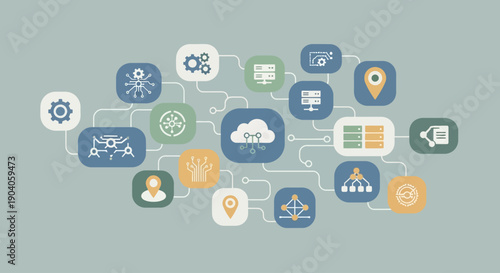 Illustration of interconnected digital icons representing communication and technology concepts.