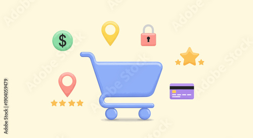 Illustration of a shopping cart surrounded by various online shopping icons.