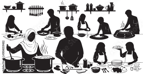 People cooking in kitchen set of silhouettes performing various culinary tasks and preparing food