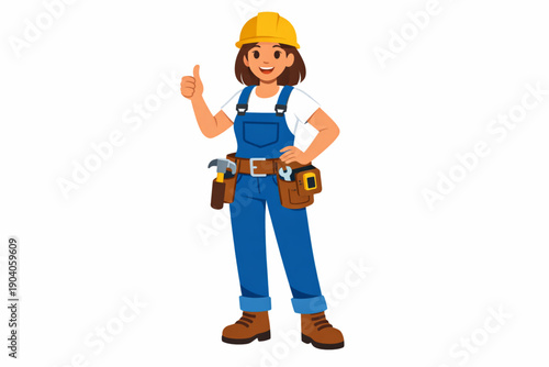 Female construction worker in blue overalls and yellow hard hat holding blueprints