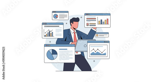 Businessman analyzing multiple data charts and graphs on digital screens.