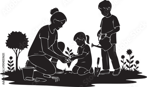 Mother and children planting flowers in garden outdoor family activity silhouette vector illustration environment care concept