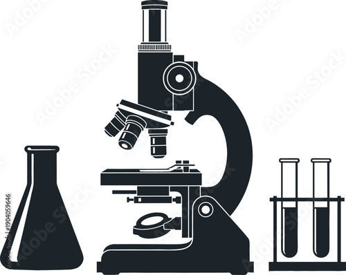Professional laboratory equipment silhouette with microscope test tubes and flask for scientific research and medical biotechnology concept