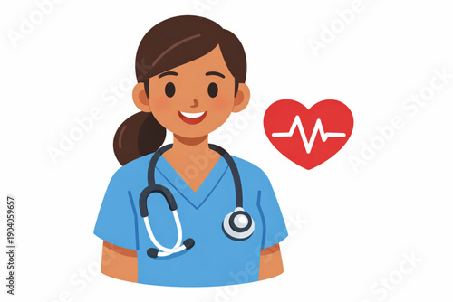 Friendly nurse with stethoscope and heart symbol representing healthcare and cardiology