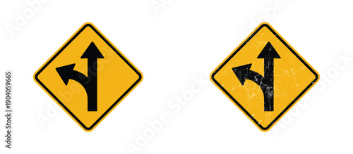left merge traffic road sign clean and grunge version yellow warning symbol