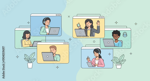 Diverse group of people engaging in a virtual video conference call from home.