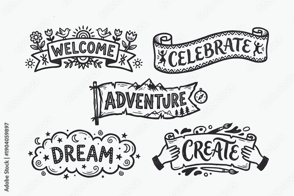 Fototapeta premium Hand-drawn vector typography set of five motivational words: Welcome, Celebrate, Adventure, Dream, Create.