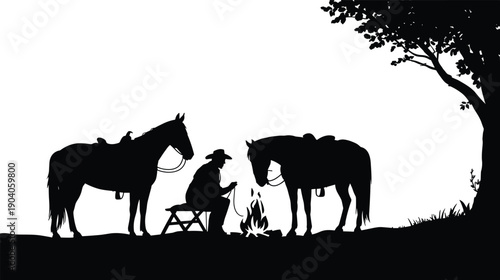 Cowboy silhouette by campfire, horses standing nearby, rural outdoor scene, peaceful western moment, black and white vector illustration, nature and solitude