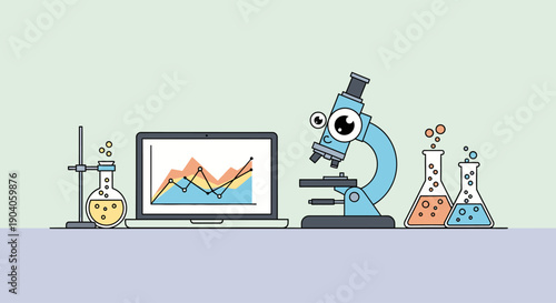 Cartoon microscope and laboratory equipment with data analysis on laptop screen.