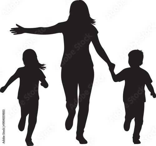 Active mother running with two children holding hands in park silhouette showing healthy family lifestyle and outdoor recreation