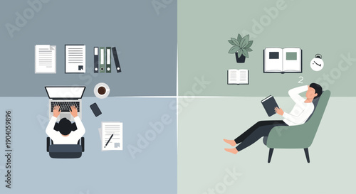 Conceptual illustration of a man working on a laptop and a woman relaxing on a couch in a split office and home environment.