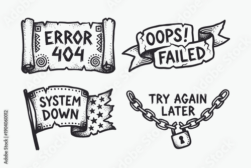 Hand Drawn System Error Messages Set: 404, Failed, Down, Try Later Banners