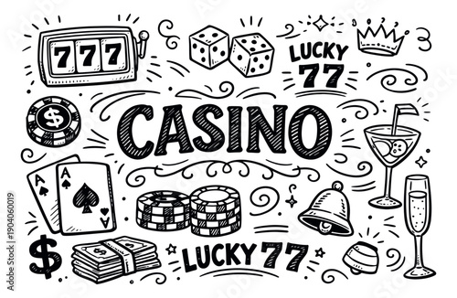 Hand drawn line art casino set featuring slot machine, dice, playing cards, money, and casino chips for gambling and entertainment