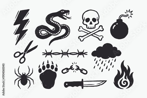 Hand-Drawn Grunge Icons Set of Danger and Power Symbols, Vintage Tattoo Style Vector