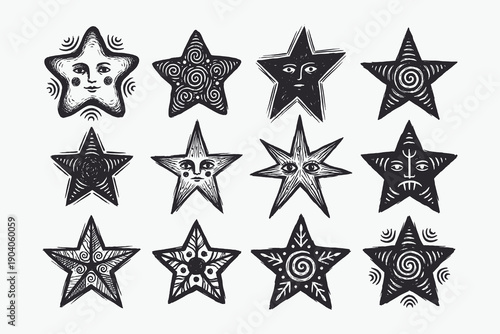 Set of 12 mystical star symbols in linocut or woodcut folk art style.