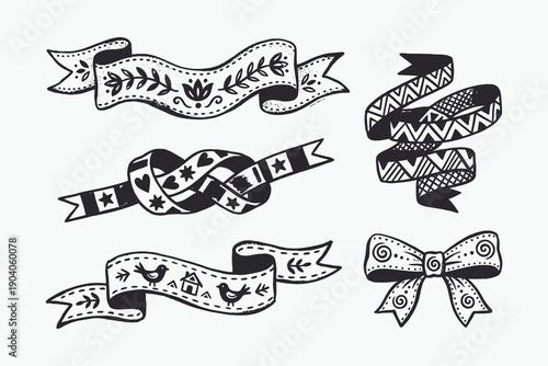Scandinavian folk art decorative ribbons and banners set, hand drawn vector illustration.