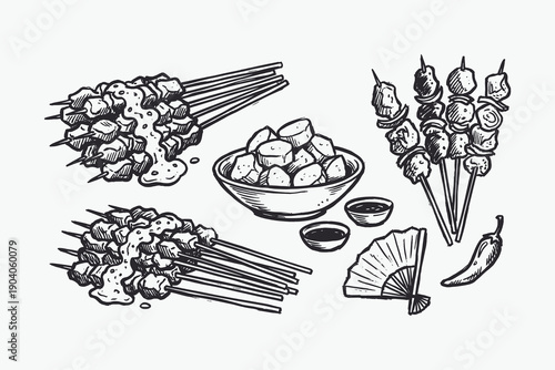 Hand drawn illustration of Indonesian Satay skewers and traditional side dishes sketch.